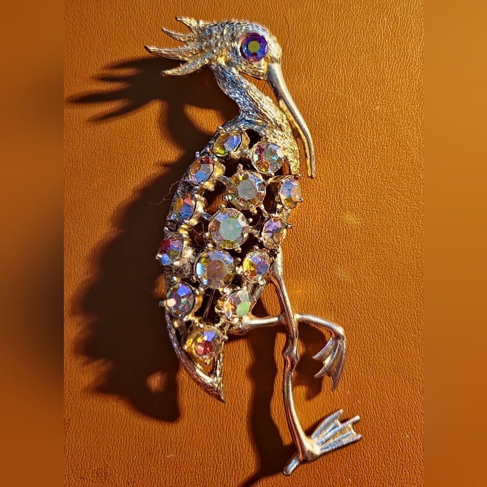 Silver Bird Brooch with Iridescent Gems
